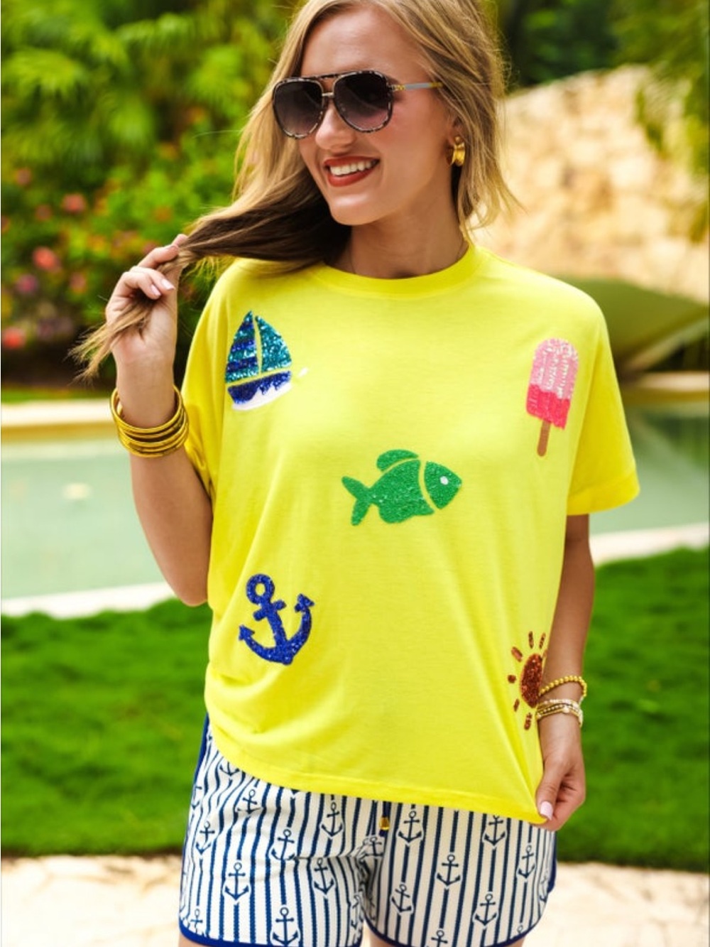 Yellow Short Sleeve Tee with Sequin Summer Motifs